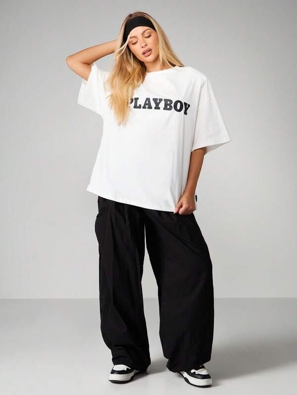 Missguided X Playboy Oversized Shoulder Pad Logo T-Shirt