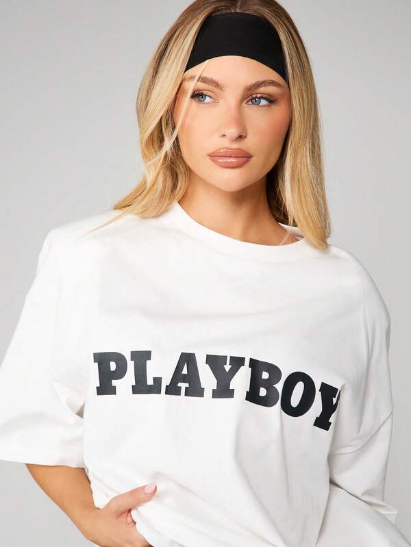 Missguided X Playboy Oversized Shoulder Pad Logo T-Shirt