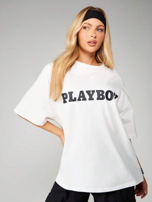 Missguided x Playboy Oversized Shoulder Pad Logo T-Shirt