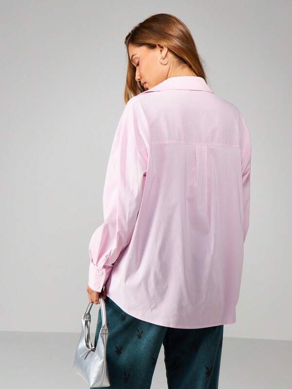 Missguided X Playboy Oversized Striped Button-Down Blouse With Patch