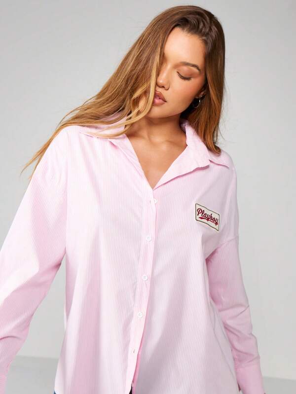 Missguided X Playboy Oversized Striped Button-Down Blouse With Patch