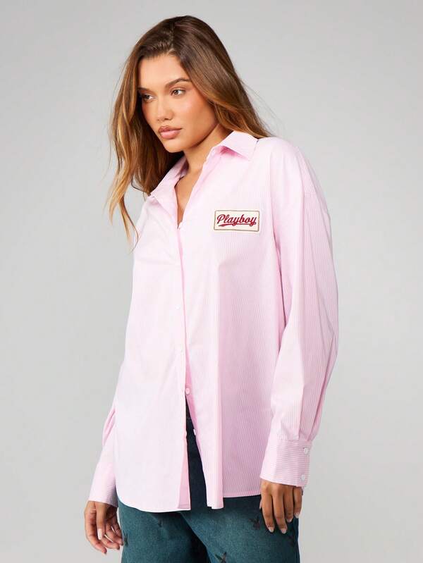 Missguided x Playboy Oversized Striped Button-Down Blouse With Patch