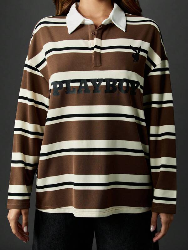 Missguided X Playboy Oversized Striped Collared Rugby Polo Top