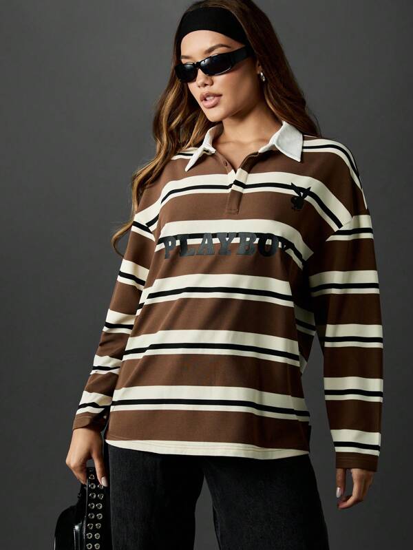 Missguided x Playboy Oversized Striped Collared Rugby Polo Top