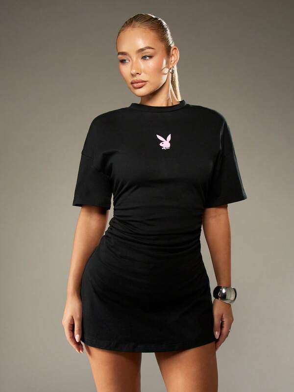 Missguided x Playboy Oversized T-Shirt Dress With Cinched Waist And Logo Print