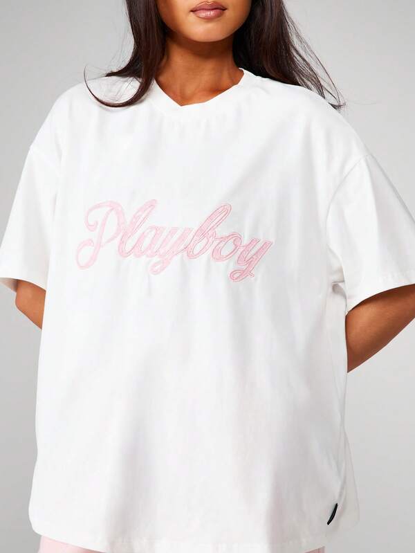 Missguided X Playboy Oversized T-Shirt With Pink Script Applique
