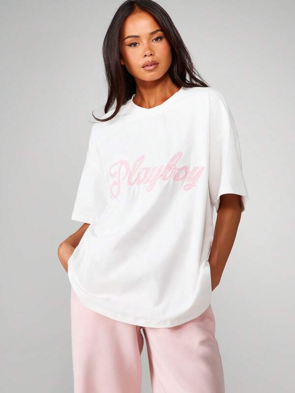 Missguided x Playboy Oversized T-Shirt With Pink Script Applique