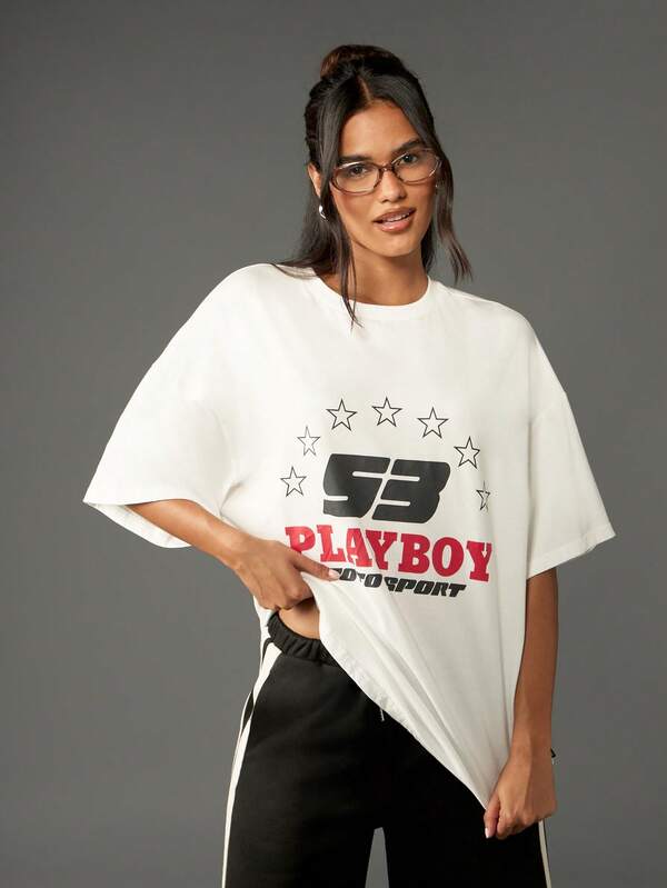 Missguided X Playboy Oversized T-Shirt With Star Logo Graphic Print