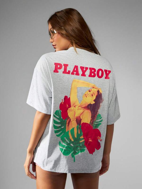 Missguided X Playboy Oversized Tropical Hibiscus Palm Leaf Hawaiian Print T-Shirt