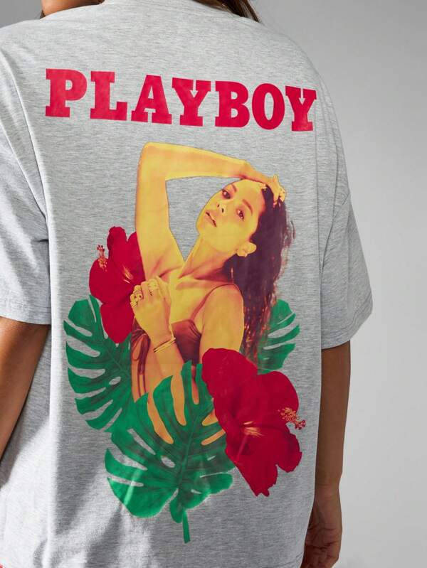 Missguided x Playboy Oversized Tropical Hibiscus Palm Leaf Hawaiian Print T-Shirt