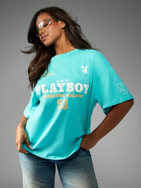 Missguided x Playboy Oversized Turquoise Tee With Racing Club Print