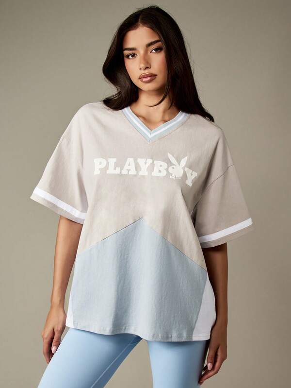 Missguided X Playboy Oversized V Neck T Shirt With Color Block Design