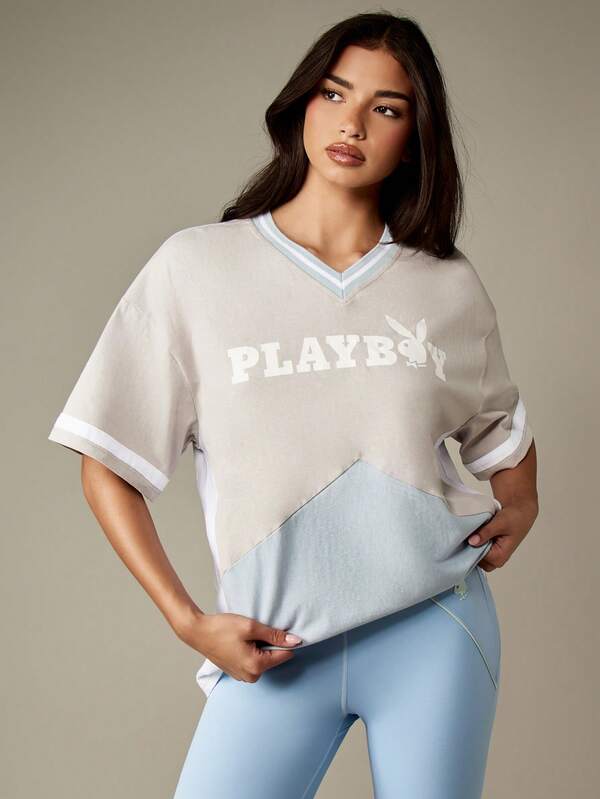 Missguided x Playboy Oversized V Neck T Shirt With Color Block Design