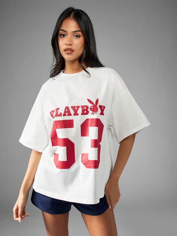 Missguided x Playboy Oversized Varsity Style Graphic Print Women's T-Shirt