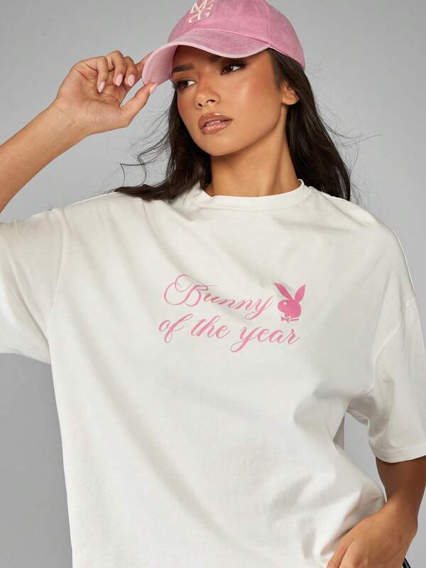 Missguided X Playboy Oversized White T Shirt With Pink Bunny Graphic Print