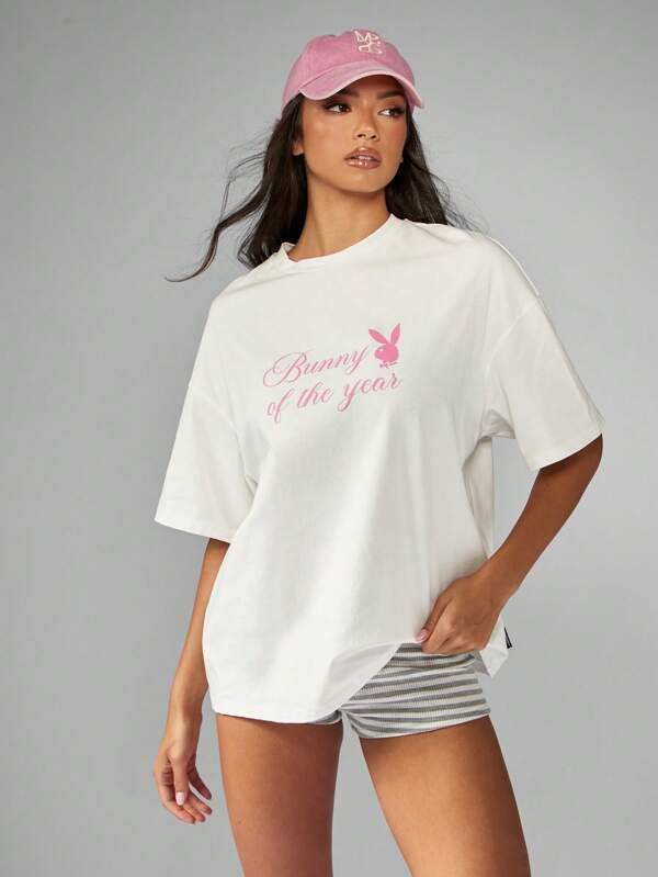 Missguided x Playboy Oversized White T Shirt With Pink Bunny Graphic Print