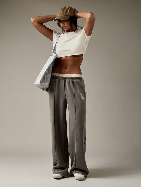Missguided X Playboy Oversized Wide Leg High Waisted Loungewear Street Style Sweatpants