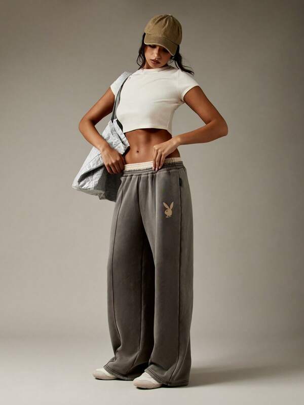 Missguided x Playboy Oversized Wide Leg High Waisted Loungewear Street Style Sweatpants