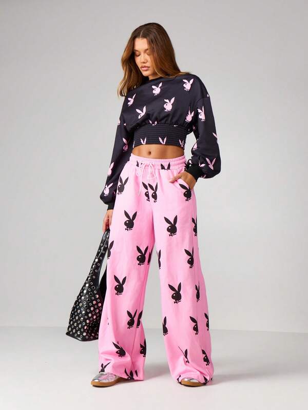 Missguided X Playboy Oversized Wide Leg Joggers With Bunny Print