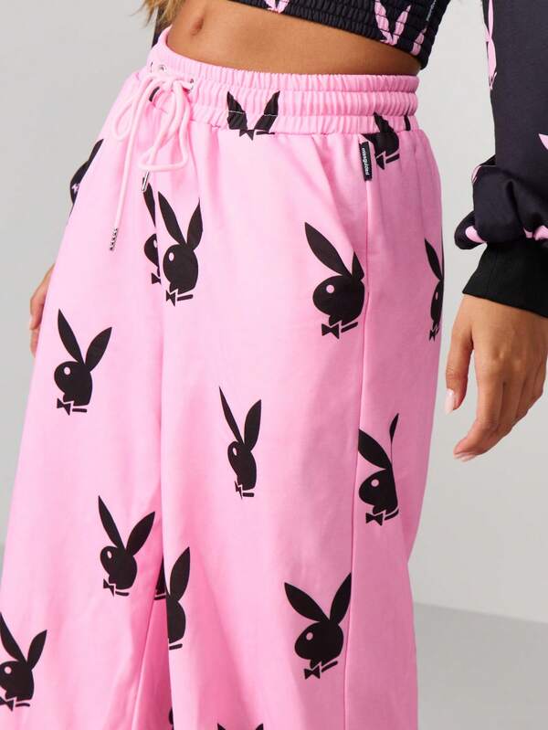 Missguided X Playboy Oversized Wide Leg Joggers With Bunny Print