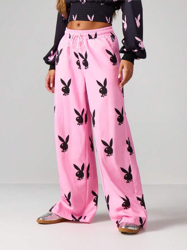 Missguided X Playboy Oversized Wide Leg Joggers With Bunny Print