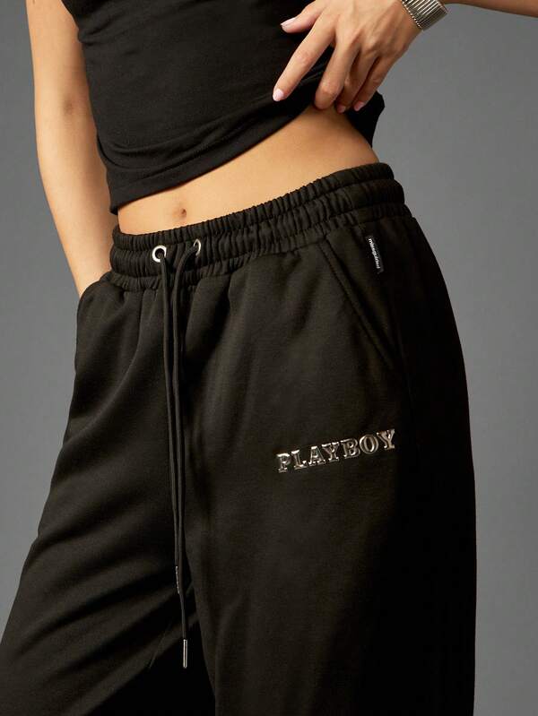 Missguided X Playboy Oversized Wide Leg Joggers With Metallic Print
