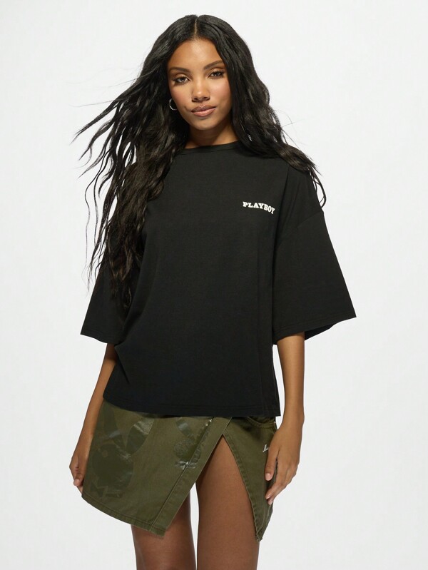 Missguided X Playboy Oversized Women T-Shirt With Rhinestone Bunny Logo