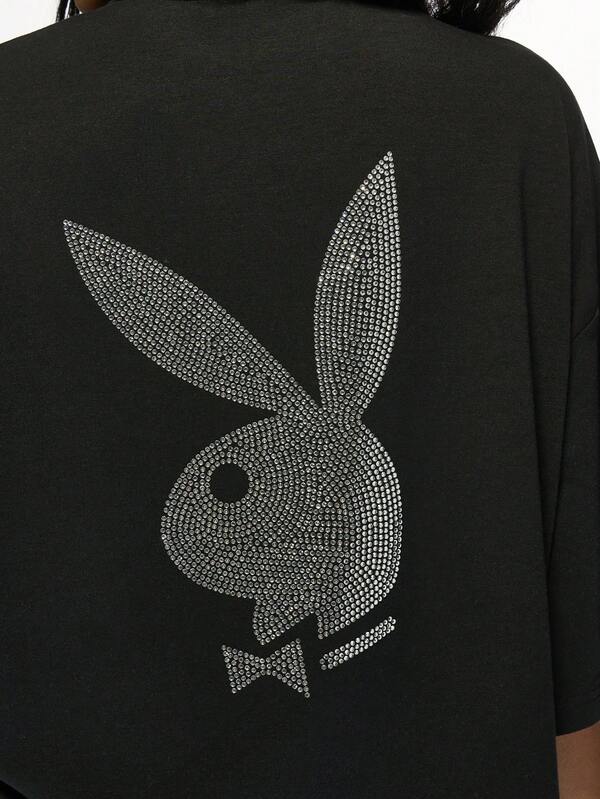 Missguided X Playboy Oversized Women T-Shirt With Rhinestone Bunny Logo