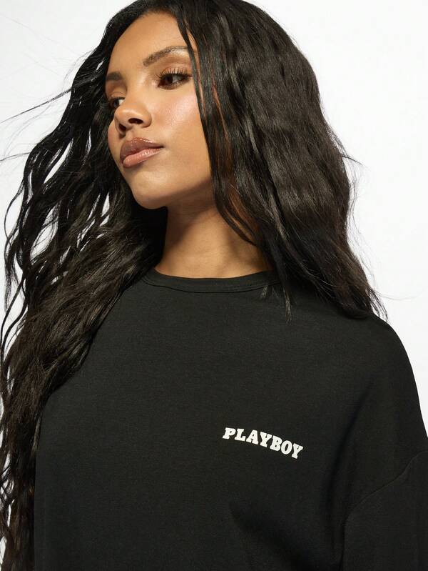 Missguided X Playboy Oversized Women T-Shirt With Rhinestone Bunny Logo