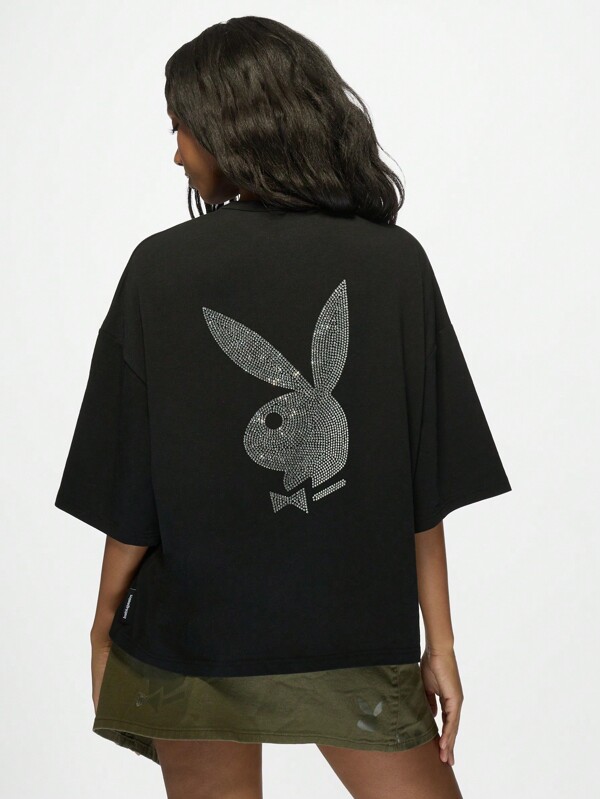Missguided x Playboy Oversized Women T-Shirt With Rhinestone Bunny Logo