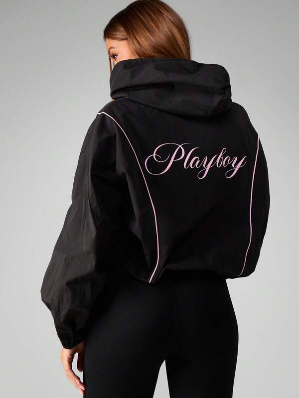 Missguided X Playboy Oversized Zip Up Hoodie Windbreaker With Hood