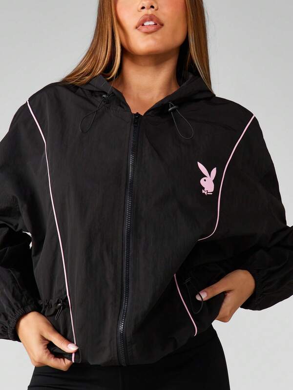 Missguided X Playboy Oversized Zip Up Hoodie Windbreaker With Hood