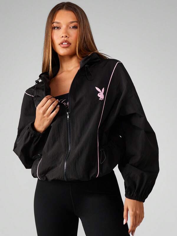 Missguided X Playboy Oversized Zip Up Hoodie Windbreaker With Hood