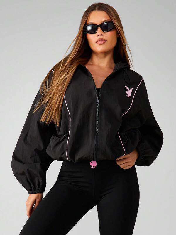 Missguided X Playboy Oversized Zip Up Hoodie Windbreaker With Hood