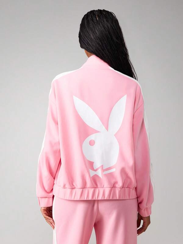 Missguided X Playboy Oversized Zip Up Sweatshirt With Stripe Detail