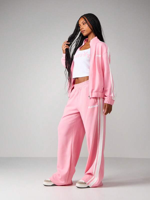 Missguided X Playboy Oversized Zip Up Sweatshirt With Stripe Detail