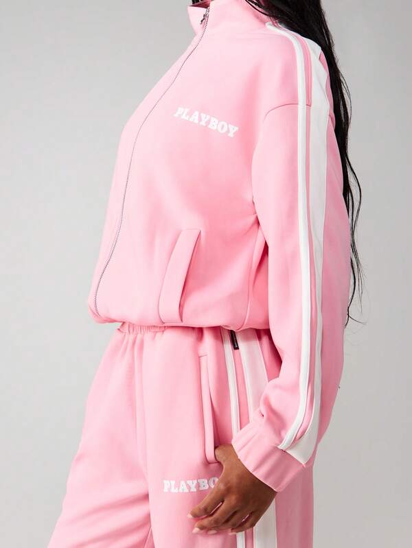 Missguided X Playboy Oversized Zip Up Sweatshirt With Stripe Detail