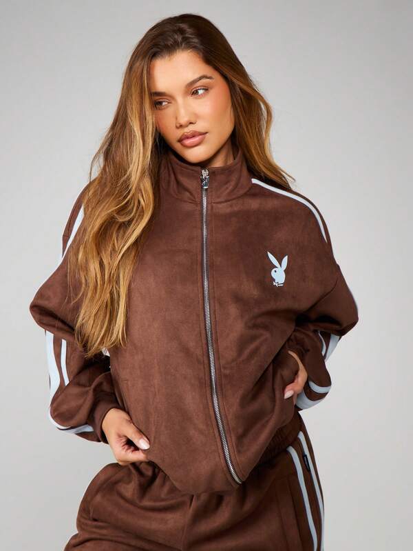 Missguided X Playboy Oversized Zip Up Sweatshirt With Side Stripes