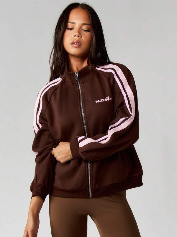 Missguided X Playboy Oversized Zip Up Sweatshirt With Stripe Detail