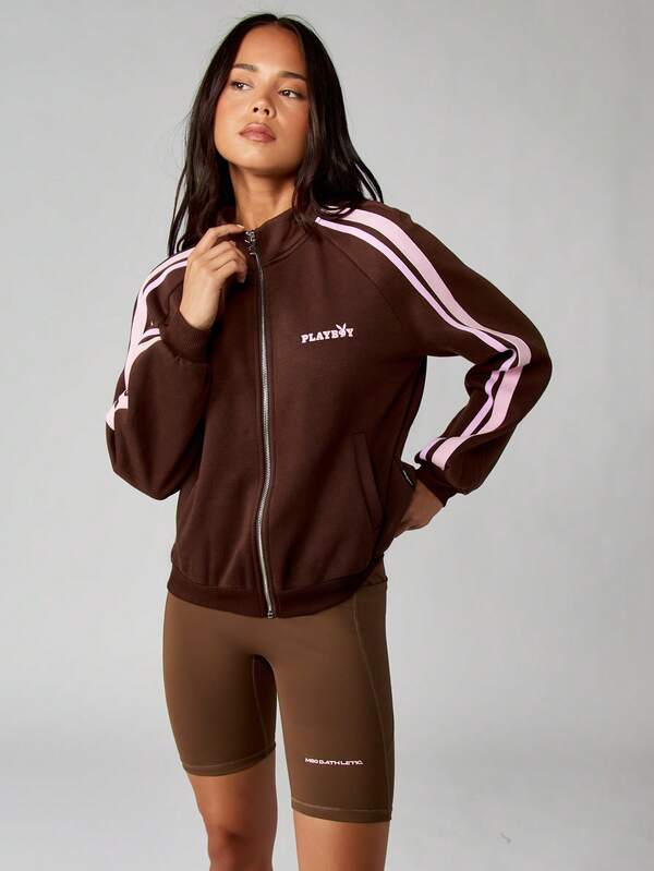 Missguided x Playboy Oversized Zip Up Sweatshirt With Stripe Detail