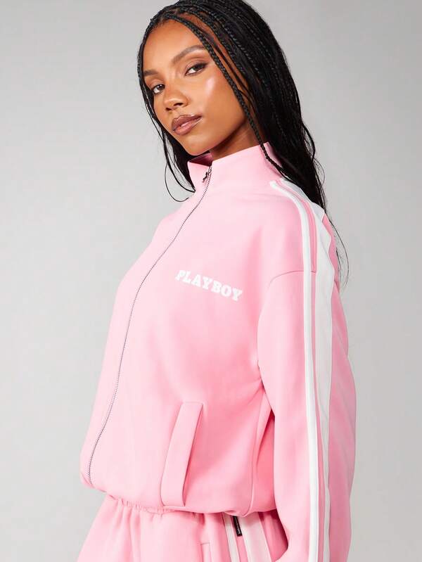 Missguided x Playboy Oversized Zip Up Sweatshirt With Stripe Detail