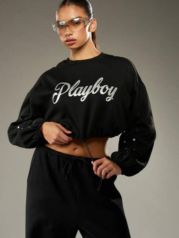Missguided X Playboy Pearl Studded Balloon Sleeve Crop Sweatshirt With Drawstring