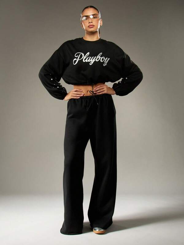 Missguided X Playboy Pearl Studded Balloon Sleeve Crop Sweatshirt With Drawstring