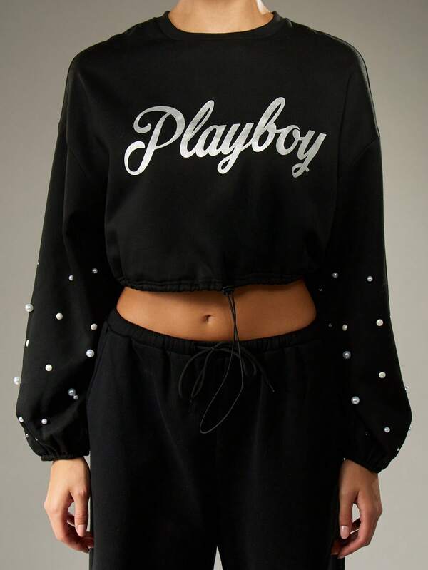 Missguided x Playboy Pearl Studded Balloon Sleeve Crop Sweatshirt With Drawstring