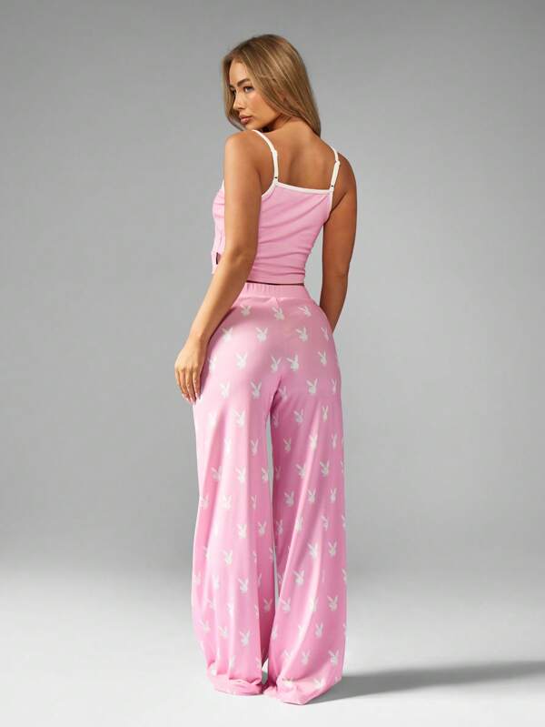 Missguided X Playboy Pink Cami Top And Wide Leg Pants With Bunny Print