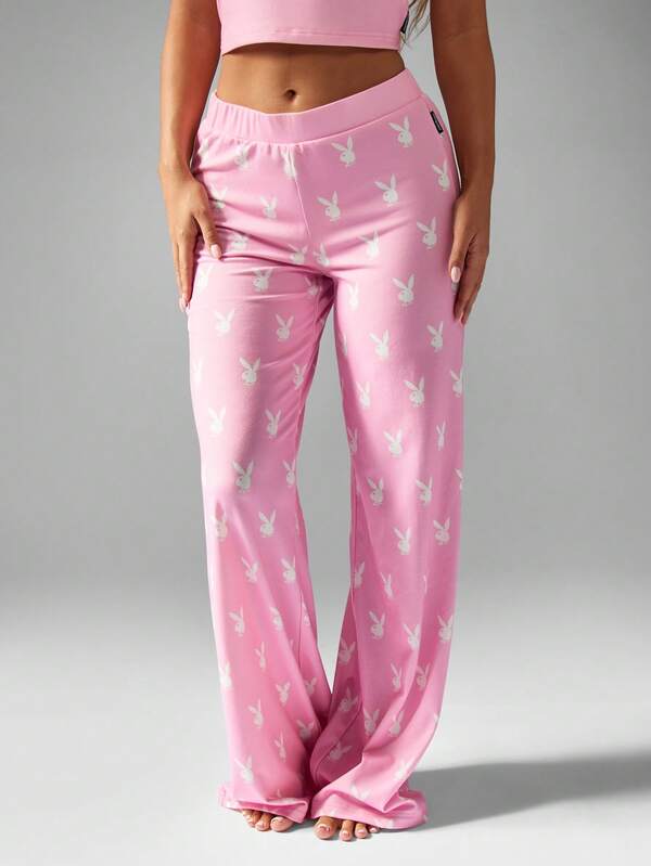 Missguided X Playboy Pink Cami Top And Wide Leg Pants With Bunny Print