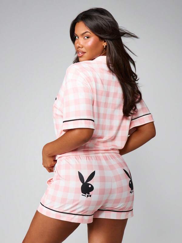 Missguided X Playboy Pink Checked Pajama Set With Button Front