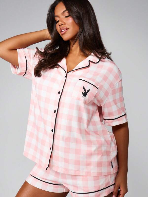 Missguided X Playboy Pink Checked Pajama Set With Button Front