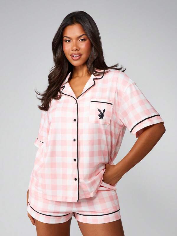 Missguided x Playboy Pink Checked Pajama Set With Button Front