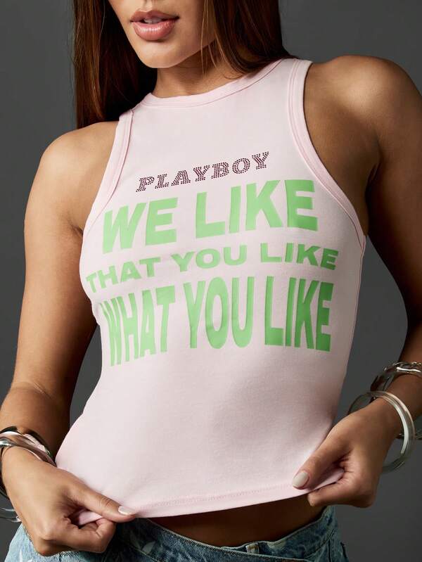 Missguided x Playboy Pink Cropped Tank Top With Graphic Text Print